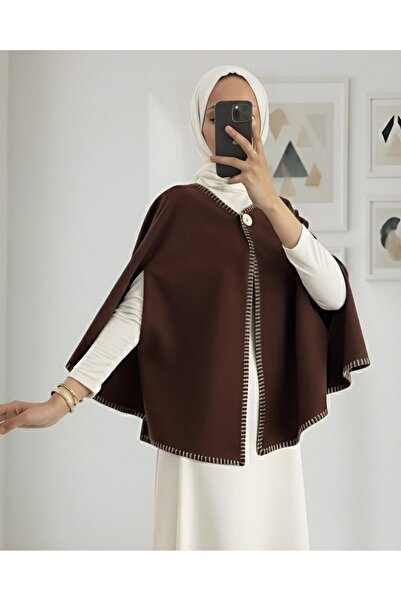 Modamorfo Shepherd's Stitch Pocketed Cashmere Poncho - Brown