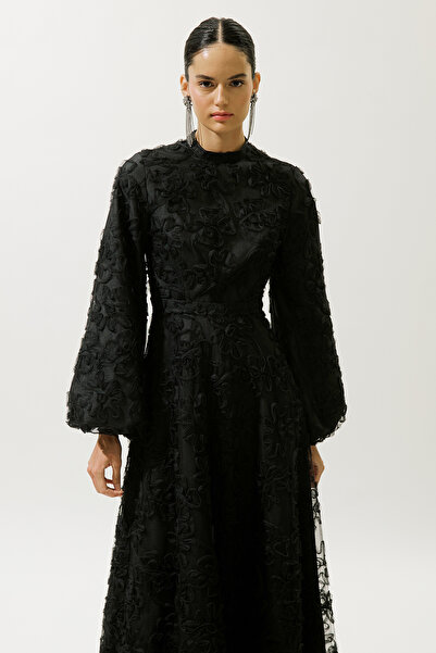 Manuka KABARIK ÇİÇEKLİ UZUN KOL ABİYE ELBİSE SİYAH