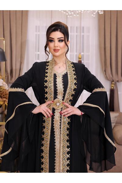 NHMODA Geniş kollu, Altın renk işlemeli,Kemer detaylı,Yöresel kaftan