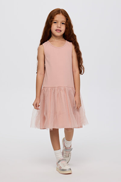 Panço Kız Çocuk Eteği Tüllü 2 Parçalı Pudra Elbise