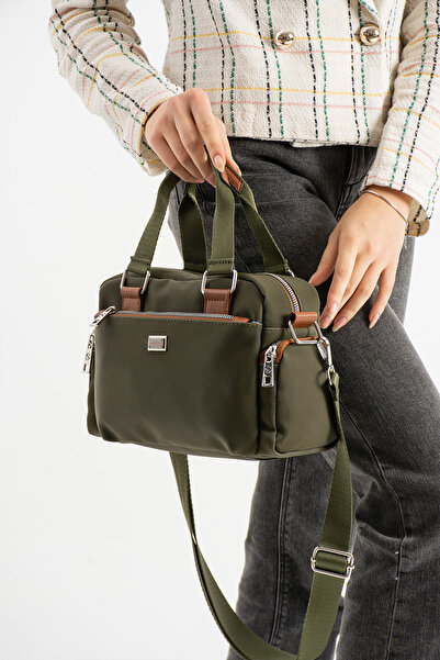 Sanmorris Women's Multi-Compartment Adjustable Crossbody Khaki Satin Hand and Shoulder Bag