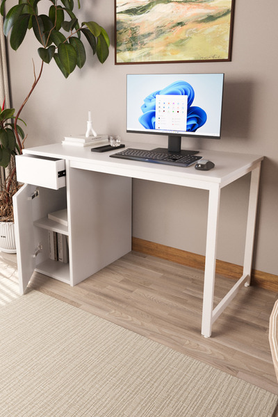 Flinder Beyaz 60X120 CM Çalışma Masası, Bilgisayar Masası, Ofis Masası Çekmeceli, Dolaplı, Raflı