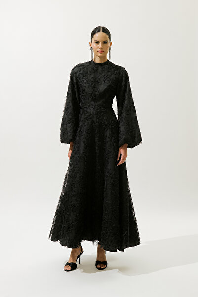Manuka KABARIK ÇİÇEKLİ UZUN KOL ABİYE ELBİSE SİYAH