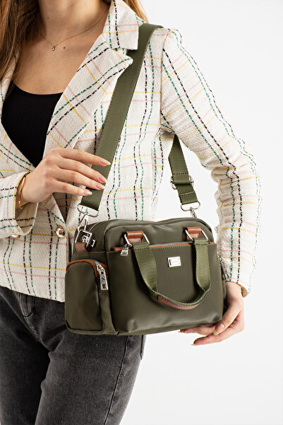 Sanmorris Women's Multi-Compartment Adjustable Crossbody Khaki Satin Hand and Shoulder Bag