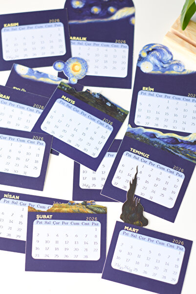 GÖKÇETasarım 2026 Yıldızlı Gece Masa Takvimi / Van Gogh / Ahşap Standlı