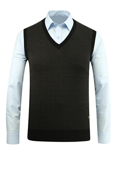 Çizgi Triko Мъжки пуловер с V-образно деколте, с мотиви, от стоманена плетена материя, с нормална кройка - 5206H