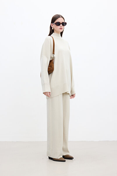 Manuka Beige Color Oversize High Collar Sweater