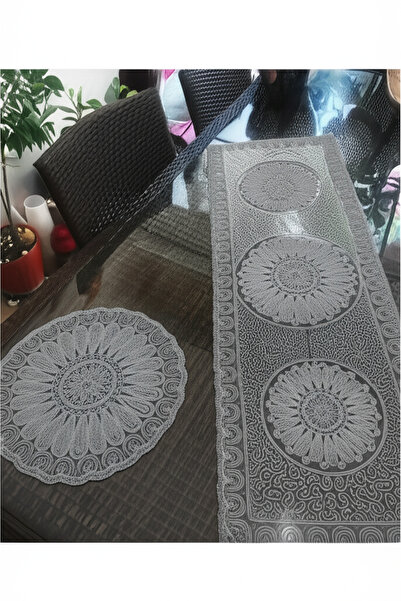 Çt Çeyizci Tekstil French Lace Runner and Supla Set (1 Runner, 6 Supla) Gray