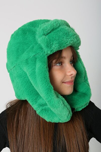 FELLMENS Green Girl's Beret - Plush Fur, Headphones, Snap Cap