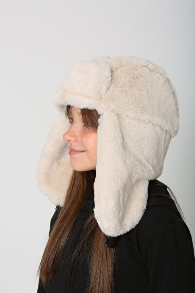 FELLMENS Girl's Beige Plush Furry Beret - Snap Hat with Headphones