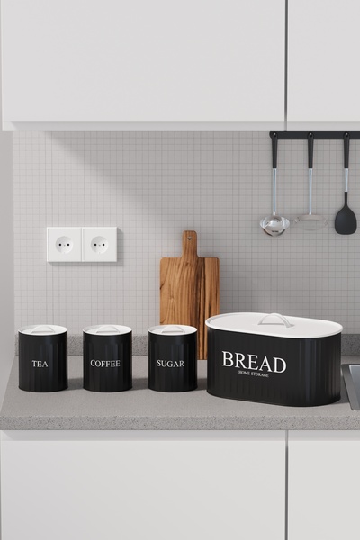 hemlife 4-Piece Bread Box Set Metal Lid Tea Coffee Sugar Bowl Countertop Cabinet Organizer Black White