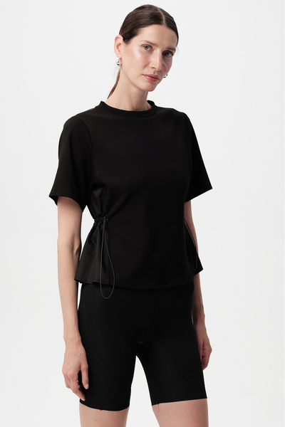 Allyco Plain Knitted Black T-Shirt with Side Gather Detail