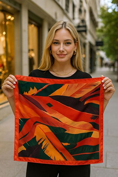 Axesoire 15316 Помаранчева атласна хустка з листяним візерунком