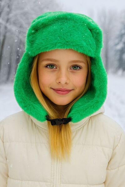 FELLMENS Green Girl's Beret - Plush Fur, Headphones, Snap Cap