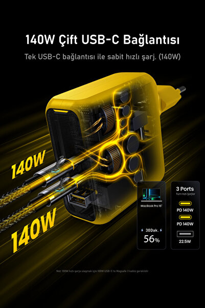 Aohi Magcube 3 Portlu Şarj Adaptörü Sarı 140W Şarj Cihazı GaN+ Hızlı Şarj İstasyonu