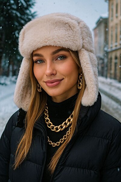 FELLMENS Beige Women's Beret Hat - with Faux Fur and Headphones