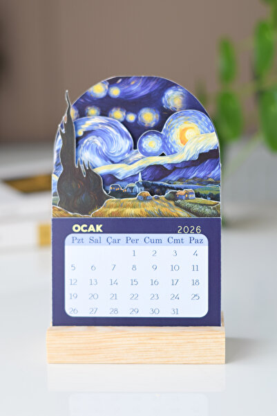 GÖKÇETasarım 2026 Yıldızlı Gece Masa Takvimi / Van Gogh / Ahşap Standlı
