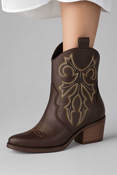 Macelife Kahve Nakışlı Kadın Kovboy Bot