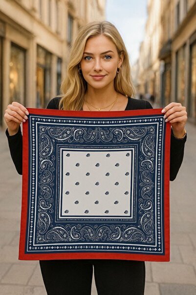 Axesoire 13749 Navy Blue Satin Bandana Scarf with Red Border