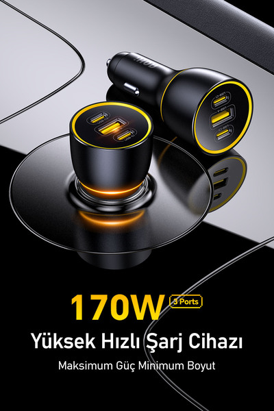 Aohi Superauto Araç Içi Şarjı, 3 Portlu Pd 170w Type-c Ve Usb-a Girişli, Hızlı Şarj Çakmaklık Adaptörü