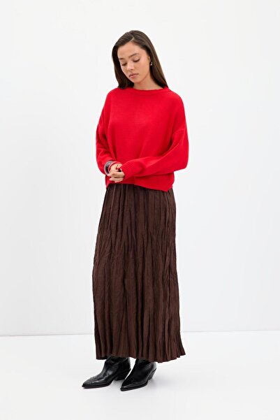 KADRİYE BAŞTÜRK Wrinkled Look Long Suede Skirt Brown