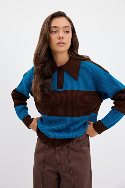 KADRİYE BAŞTÜRK Polo Neck Double Color Knitwear Sweater Brown