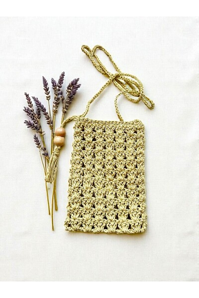 CHANCE GİFT Straw Hand-Knitted Mobile Phone Bag Women's Wallet Makeup Bag Suitable for All Phones with Drawstring Strap