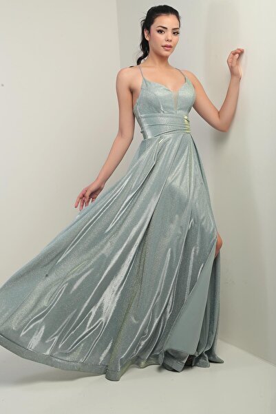 By Saygı İp Askılı Astarlı Simli Uzun Abiye Elbise