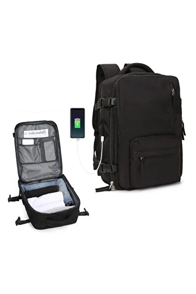 Quasar & Co. Travel backpack, cabin hand luggage, trolley attachment, 43x30x20cm, WizzAir/Ryanair, USB, black