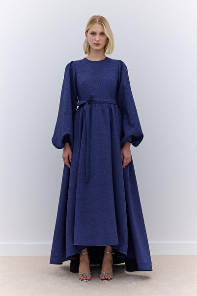 Manuka Night Blue Jacquard Sweep Train Evening Dress