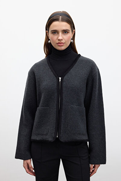 Manuka DÜZ ÖRGÜ FERMUARLI TRİKO HIRKA KÖMÜR