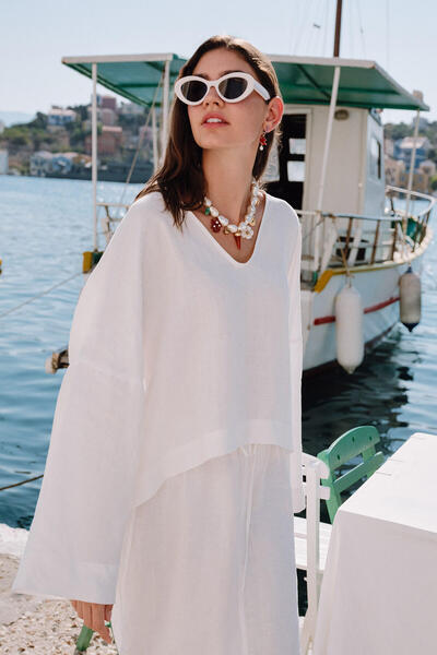 Manuka Lněná halenka Ecru Premium s výstřihem do V