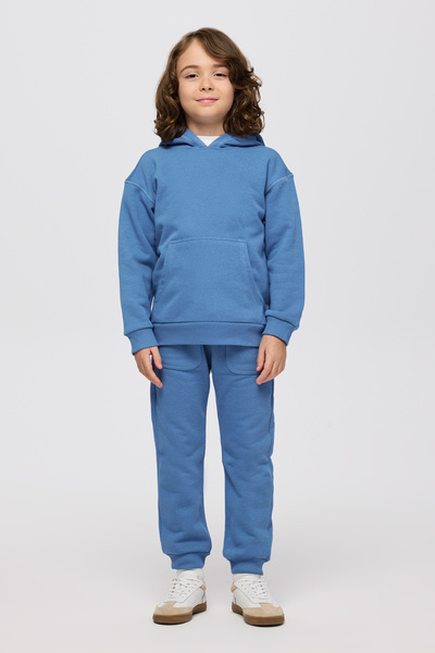 Panço Erkek Çocuk Kapüşonlu Nakışlı Kanguru Cepli Kontrast Dikiş Detaylı Mavi Sweatshirt