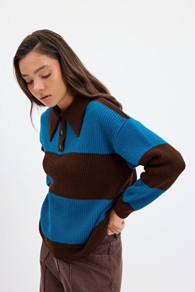 KADRİYE BAŞTÜRK Polo Neck Double Color Knitwear Sweater Brown