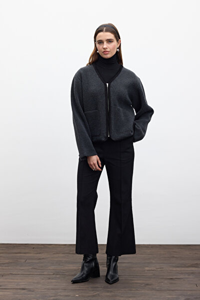 Manuka DÜZ ÖRGÜ FERMUARLI TRİKO HIRKA KÖMÜR