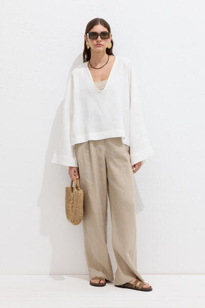 Manuka Lněná halenka Ecru Premium s výstřihem do V