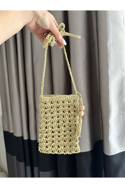 CHANCE GİFT Straw Hand-Knitted Mobile Phone Bag Women's Wallet Makeup Bag Suitable for All Phones with Drawstring Strap