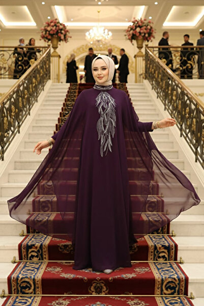 Neva Style Panço Detaylı Koyu Mor Tesettür Abaya 25914KMOR