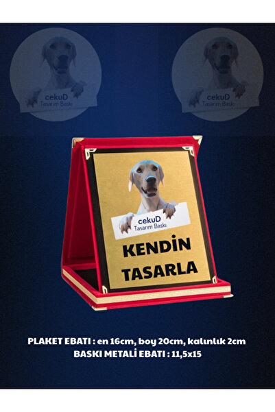 cekuDtasarim Kişiye Özel Tasarım Plaket - Gold Metal, Kırmızı Kadife Kutulu / Kendin Tasarla