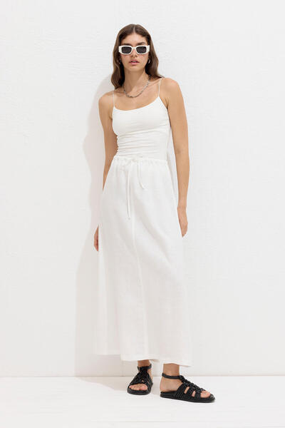 Manuka Ecru lněná sukně - šněrovací design