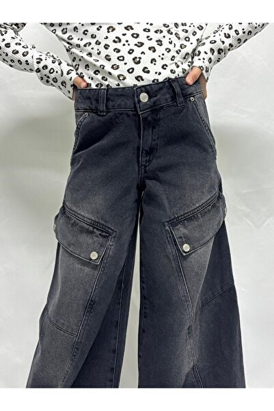 Ede Tekstil Kız Çocuk Cepli Geniş Paça Siyah Kot Pantolon