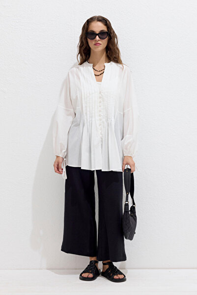 Manuka Ecru Voile Tunic - Ribbed Detailed