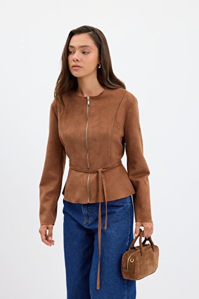 KADRİYE BAŞTÜRK Zippered Crew Neck Short Suede Jacket Brown