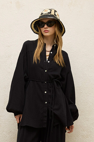 Manuka Czarna bawełniana koszula z rękawami typu „ballon”