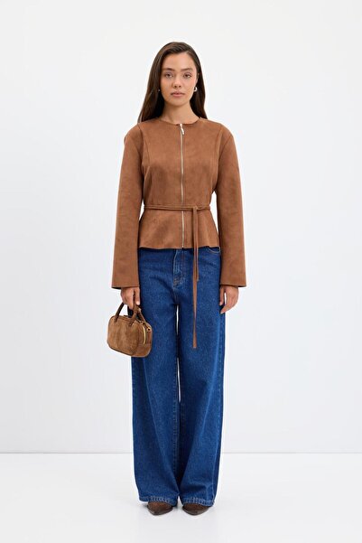 KADRİYE BAŞTÜRK Zippered Crew Neck Short Suede Jacket Brown