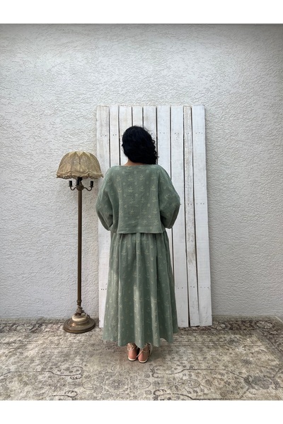 KÜÇÜĞÜM BUTİK Green Embroidered Muslin Loose Blouse and Flared Skirt Set (Embroidered 2-Piece Set)