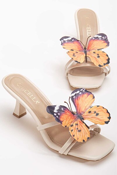 CHİCELLA Lepi Renkli Kelebek Aksesuarlı Zarif İnce Topuklu Terlik