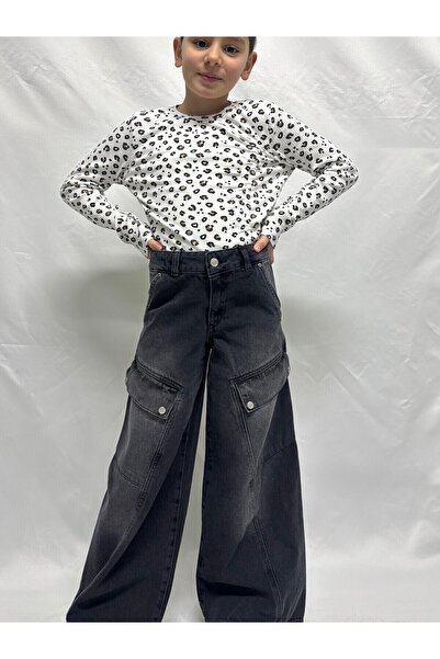 Ede Tekstil Kız Çocuk Cepli Geniş Paça Siyah Kot Pantolon