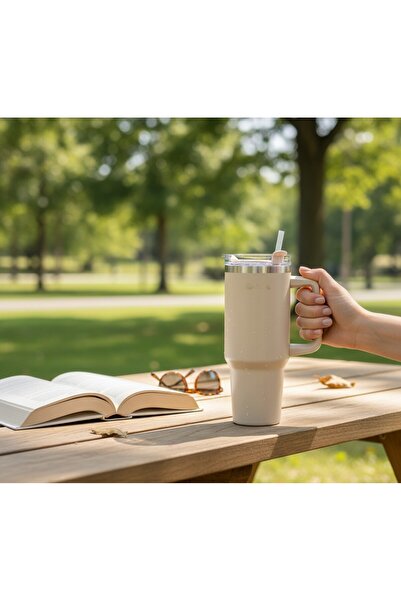 Tantitoni Move Light Brown Stainless Steel Thermos Cup with Straw 1.2L