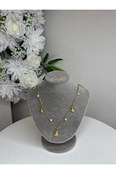 BEREN KILIÇ قلادة من الفولاذ مع حجر اللؤلؤ الذهبي وتفاصيل نجم البحر والصدف، ط...